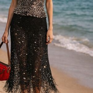 VINCE Black Lace Fabric Skirt With Subtil Sparkles